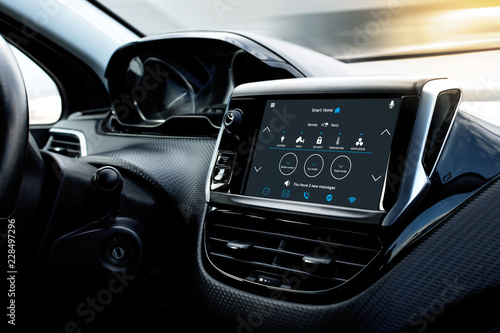 Control home temperature and security with smart home app in-car display. Home temperature, safety and environment