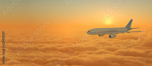 Airplane flying above clouds during sunset. 3D Rendering