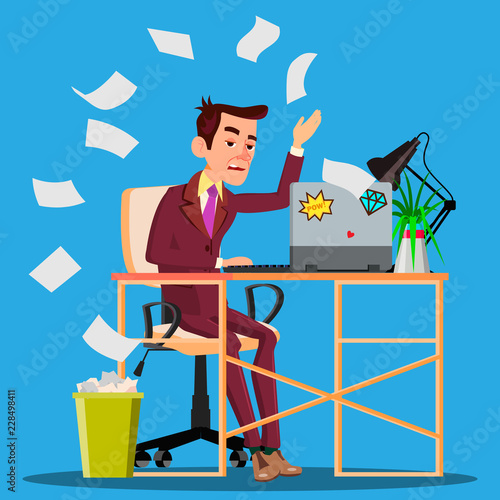 Angry Manager Siting At Table Crumples The Paper And Throwing It In Paper Basket Vector. Isolated Illustration