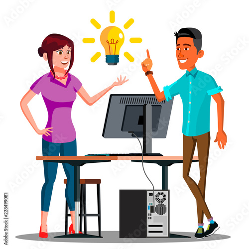 Teamwork, Employees Talking At The Table With One Burning Light Bulb Above All Vector. Isolated Illustration