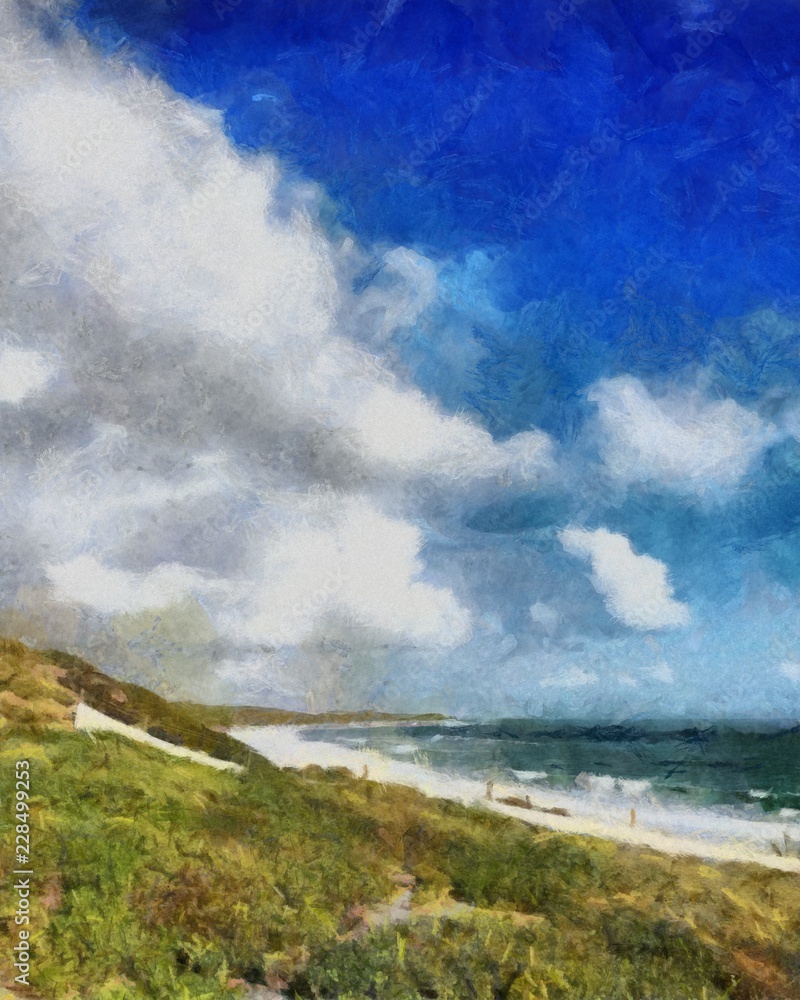 Hand drawing watercolor art on canvas. Artistic big print. Original modern painting. Acrylic dry brush background.  Wonderful sea beach landscape. Beautiful view. Charming resort.    