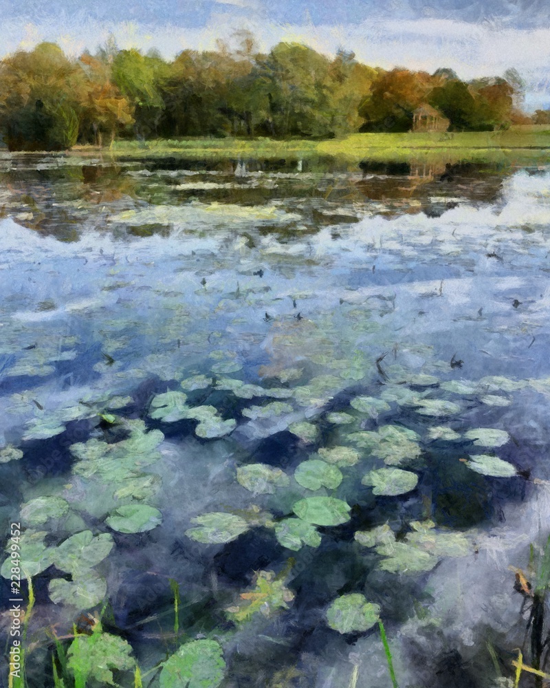 Hand drawing watercolor art on canvas. Artistic big print. Original modern painting. Acrylic dry brush background.  Wonderful pond landscape. Beautiful view. Charming resort.    