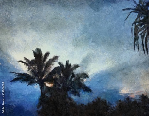 Obraz nowoczesny krajobraz i palmy tropikalne; akwarela suchym pędzlem
