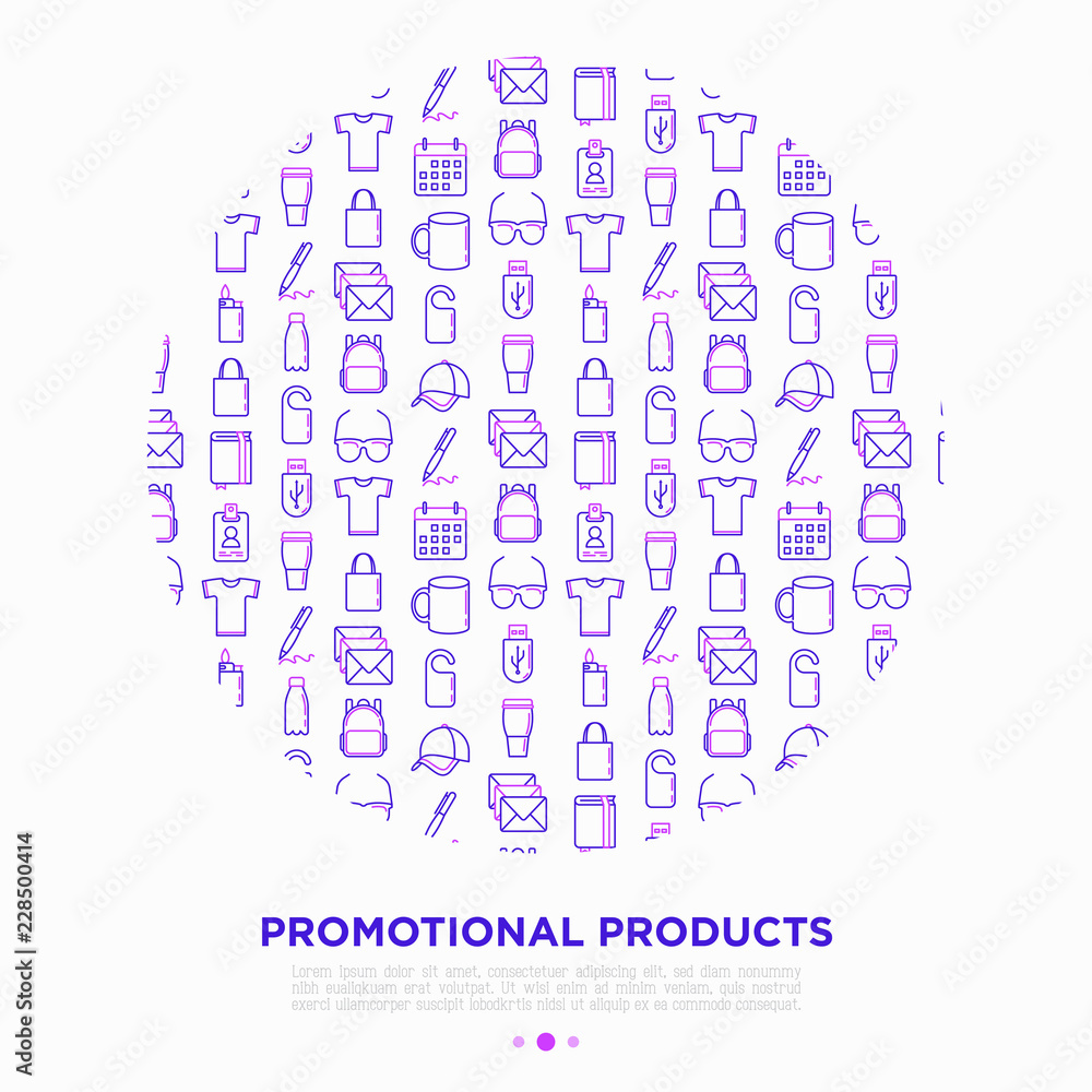 Promotional products concept in circle with thin line icons: notebook, tote bag, sunglasses, t-shirt, water bottle, pen, backpack, cup, hat, travel mug, usb. Vector illustration, print media template