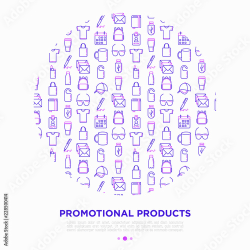 Promotional products concept in circle with thin line icons: notebook, tote bag, sunglasses, t-shirt, water bottle, pen, backpack, cup, hat, travel mug, usb. Vector illustration, print media template