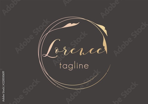 Premade golden logo design with minimalistic floral design. Feminine logotype template in elegant artistic style