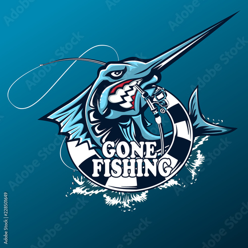 Marlin fish logo.Sword fishing emblem for sport club. Angry fish background theme vector illustration.