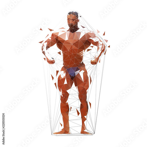 Posing bodybuilder, low polygonal isolated vector illustration. Front view. Geometric man with big muscles