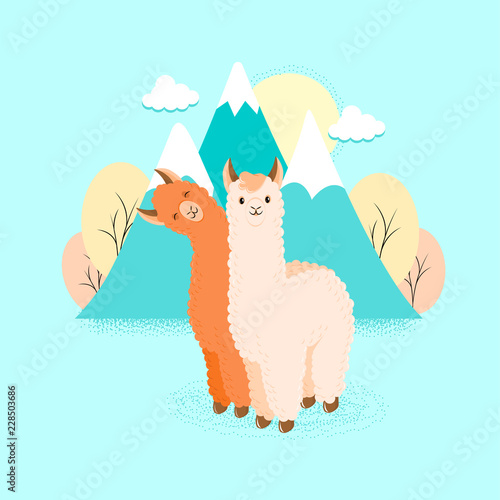 Cute llama or alpaca flat characters set for nursery design, poster, banner, logo, icon, greeting card, sticker. Baby llama or little alpaca for wool producer. Cartoon wild animal in scarf and pompons