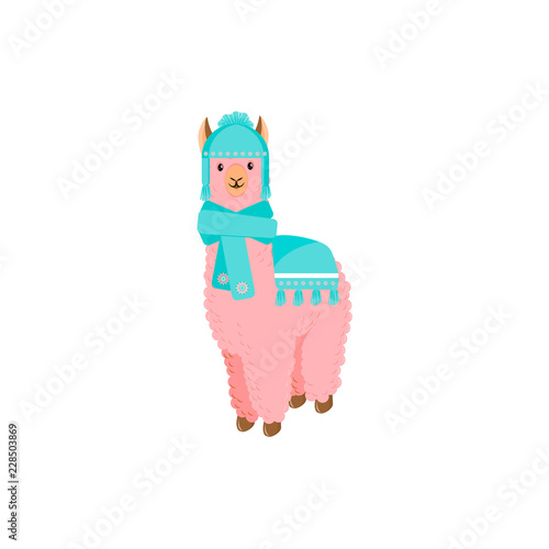 Cute llama or alpaca flat characters set for nursery design, poster, banner, logo, icon, greeting card, sticker. Baby llama or little alpaca for wool producer. Cartoon wild animal in scarf and pompons