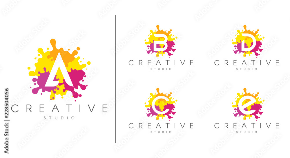 Letter logo set.  Letter design for company name - A, B, C, D, E.  Set of letter at colorful paint splash background.