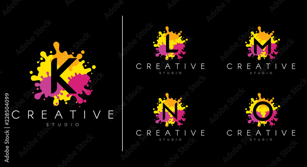 Letter logo set. Letter design for company name - K, L, N, M, O. Set of letter at colorful paint splash background. Letter logo set. Letter design for company name - K, L, N, M, O. Set of letter at colorful paint splash background.