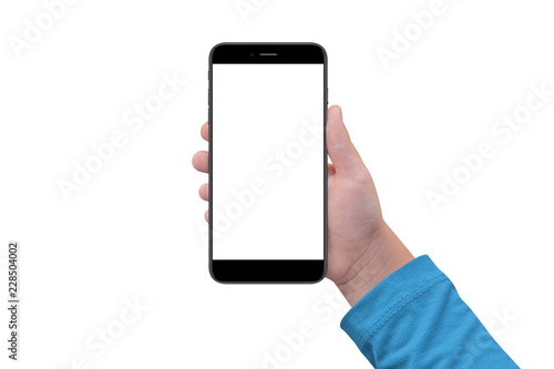 Boy hand holding black modern smartphone with empty screen, isolated on white background. Mockup