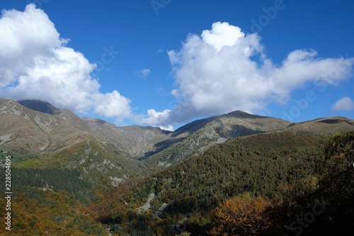 panorama montagna natura cielo azzurro nubi bosco alberi verde autunno