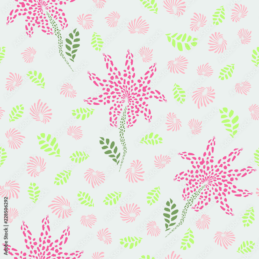 Tropical abstract flowers with leaves seamless pattern. Perfect for fabric, wallpaper, gift wrap