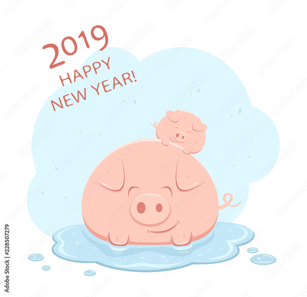 Big and Little Happy Pigs and Text Happy New Year Big and Little Happy Pigs and Text Happy New Year