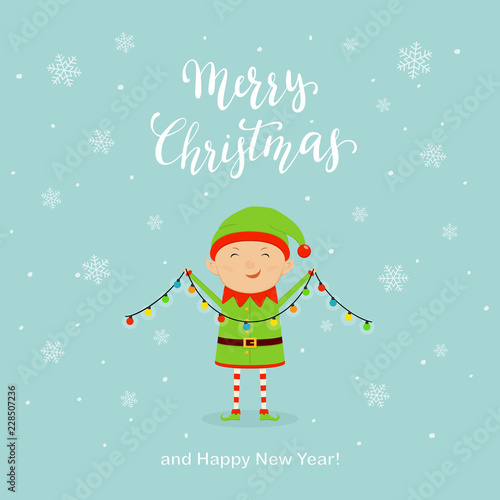 Christmas Light with Cute Happy Elf and Snowflakes