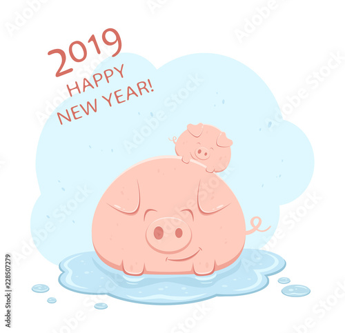 Big and Little Happy Pigs and Text Happy New Year