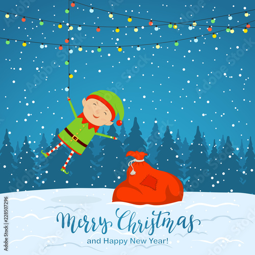 Snowy Background with Elf and Christmas Lights