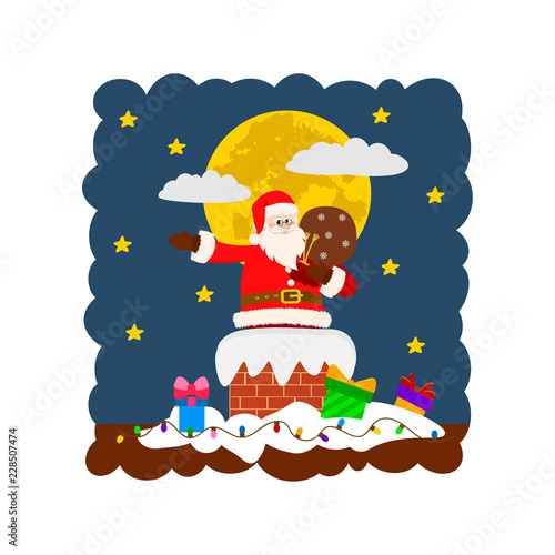 Cute Santa stuck in chimney winter snowy landscape. Creative decoration element for Holiday Greeting Gift Party Poster.