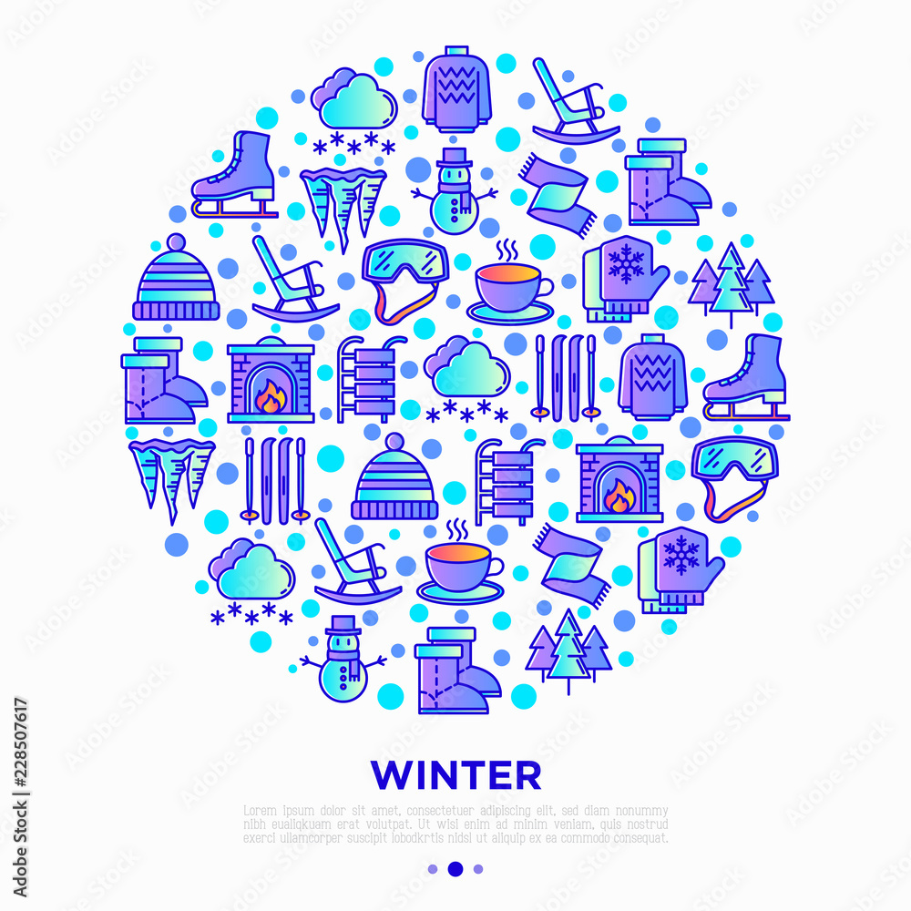 Winter concept in circle with thin line icons: fireplace, skates, mittens, snowflake, scarf, snowman, pullover, sledges, rocking chair, skiing, icicle, snowfall. Vector illustration for print media Winter concept in circle with thin line icons: fireplace, skates, mittens, snowflake, scarf, snowman, pullover, sledges, rocking chair, skiing, icicle, snowfall. Vector illustration for print media