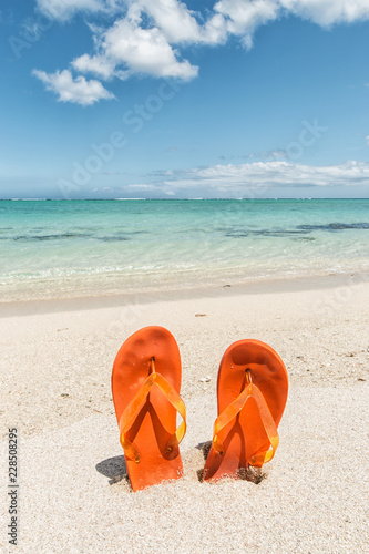 pair of orange flip-flops in the sand of a tropical beach