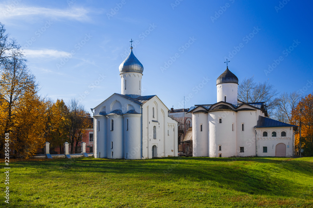 Ancient russian churches on Yaroslav Courtyard in historical area. Veliky Novgorod (Novgorod the Great), Russia.