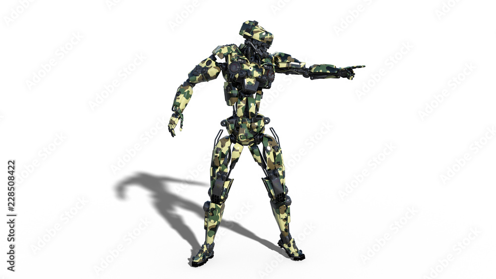Army robot, armed forces cyborg pointing, military android soldier isolated on white background, 3D rendering