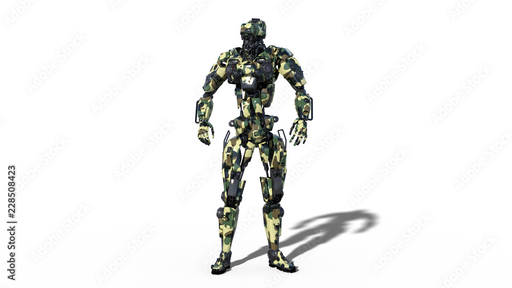 Army robot, armed forces cyborg, military android soldier isolated on white background, 3D rendering Army robot, armed forces cyborg, military android soldier isolated on white background, 3D rendering