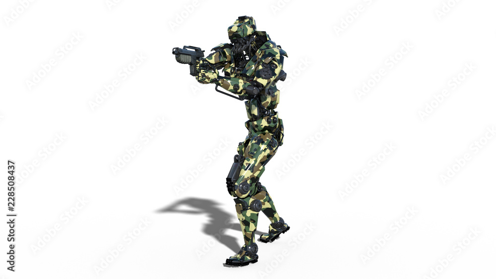 Army robot, armed forces cyborg, military android soldier shooting gun on white background, front view, 3D rendering Army robot, armed forces cyborg, military android soldier shooting gun on white background, front view, 3D rendering