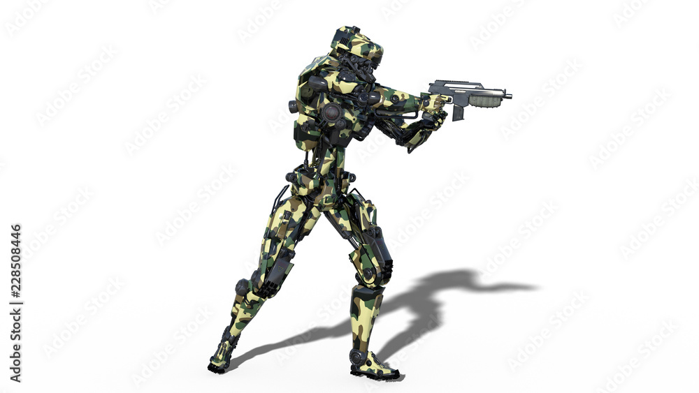 Army robot, armed forces cyborg, military android soldier shooting gun on white background, side view, 3D rendering Army robot, armed forces cyborg, military android soldier shooting gun on white background, side view, 3D rendering