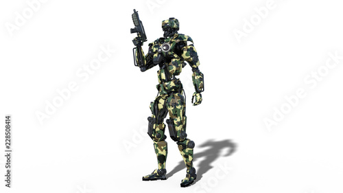 Army robot, armed forces cyborg, military android soldier armed with gun isolated on white background, 3D rendering