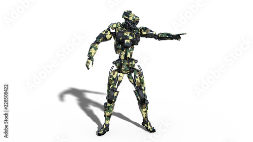 Army robot, armed forces cyborg pointing, military android soldier isolated on white background, 3D rendering © freestyle_images