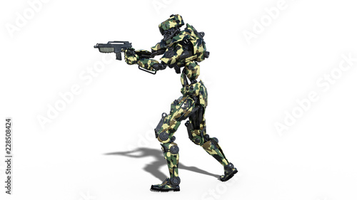Army robot, armed forces cyborg, military android soldier shooting gun isolated on white background, 3D rendering