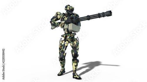 Army robot, armed forces cyborg, military android soldier shooting machine gun on white background, 3D rendering