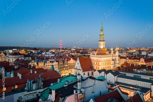 Aerial view on Poznan main square and old city at evening.