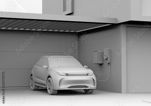 Clay rendering of electric powered SUV recharging in garage. 3D rendering image.