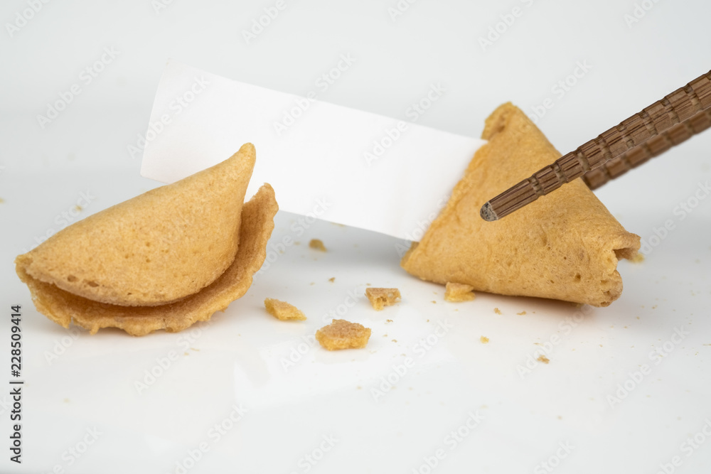 CRACKED FORTUNE COOKIE WITH WHITE BLANK SLIP PAPER FOR ADD TEXT OR MESSAGE CRACKED FORTUNE COOKIE WITH WHITE BLANK SLIP PAPER FOR ADD TEXT OR MESSAGE