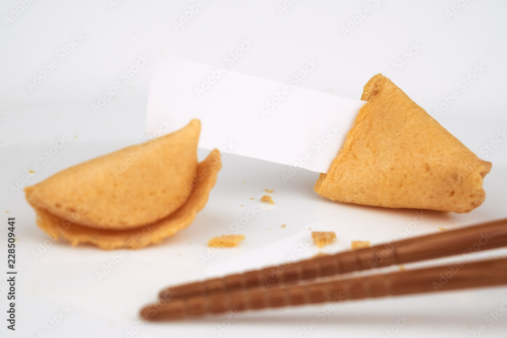 CRACKED FORTUNE COOKIE WITH WHITE BLANK SLIP PAPER FOR ADD TEXT OR MESSAGE CRACKED FORTUNE COOKIE WITH WHITE BLANK SLIP PAPER FOR ADD TEXT OR MESSAGE