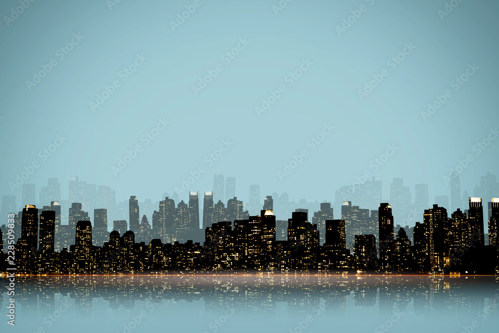 Fototapeta premium NOCNY widok SILHOUETKA NOWY JORK / MANHATTAN W NIEBIESKIM brzmieniu