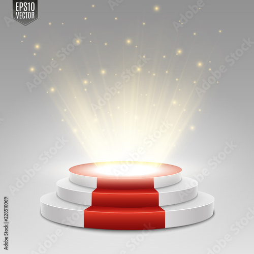 Podium with red carpet. Stage for awards ceremony. Pedestal. Spotlight. Vector illustration.