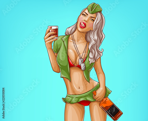 Vector pop art military girl in green skirt and forage-cap holds alcohol drink and whisky bottle. Sexy flirting character isolated on blue background. Woman of air forces or navy with tokens, jettons