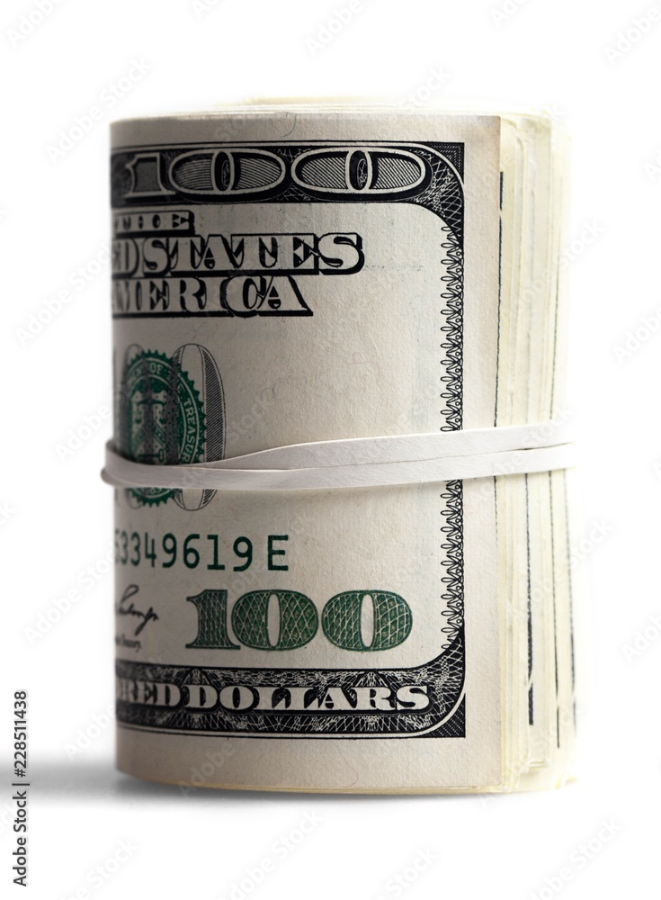 Roll of hundred dollar bills wrapped in a rubber band Roll of hundred dollar bills wrapped in a rubber band
