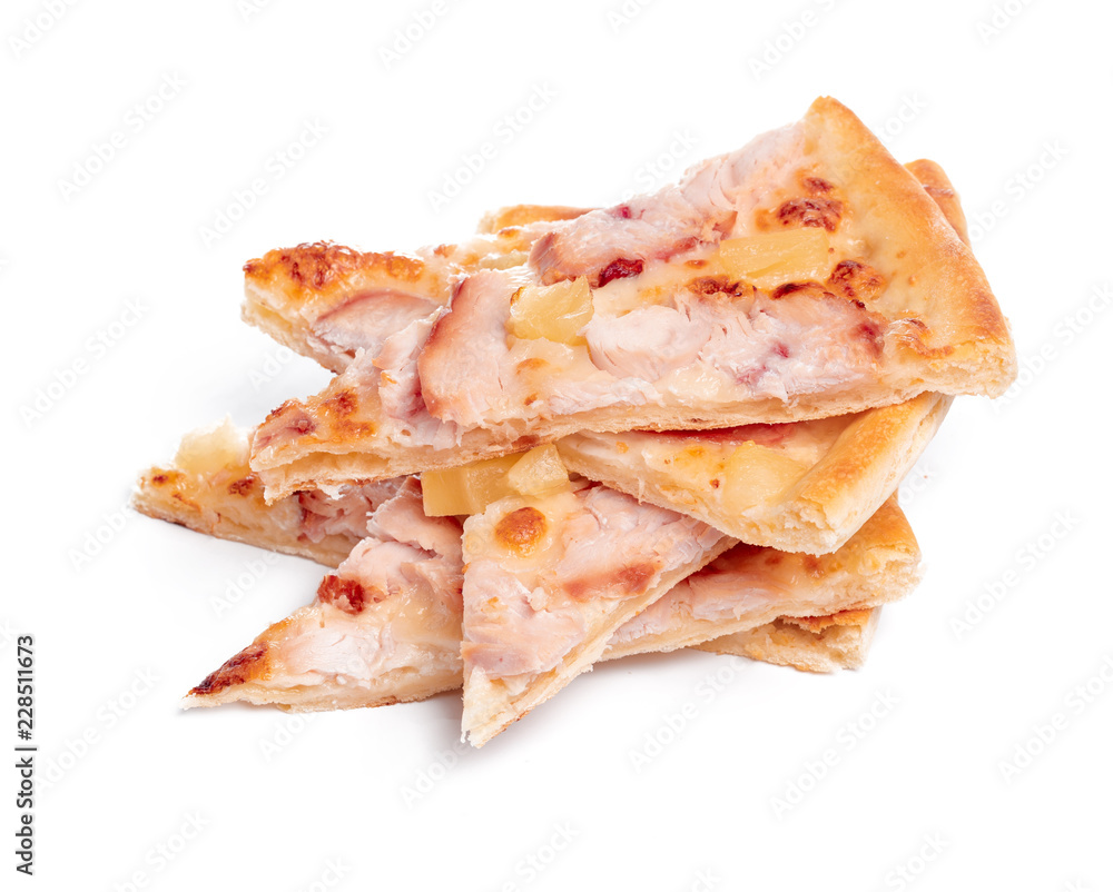 Slice of tasty pizza with vegetables and basil isolated on white Slice of tasty pizza with vegetables and basil isolated on white