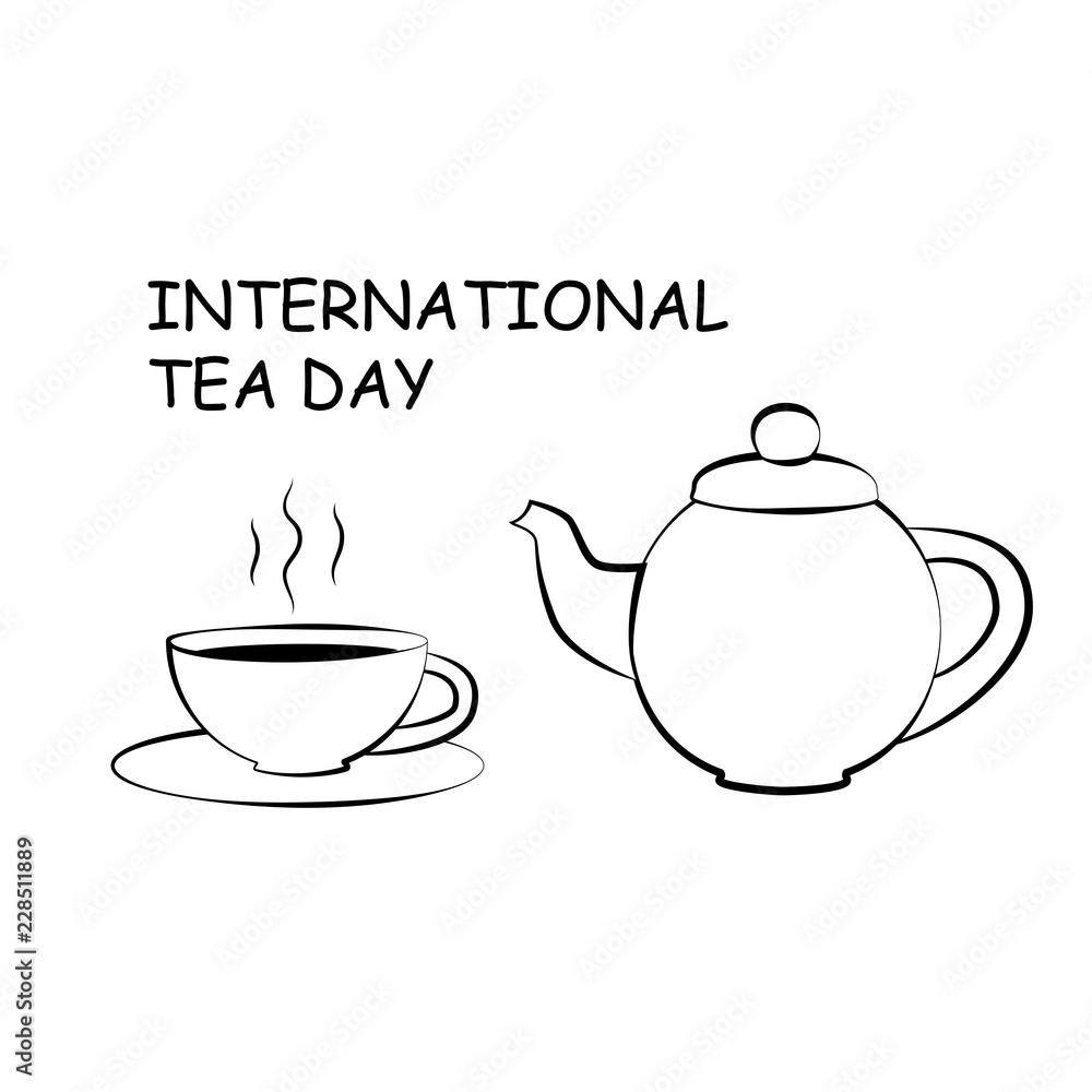 Black and white drawing of cup and teapot. Silhouette of a cup of tea. EPS8 Black and white drawing of cup and teapot. Silhouette of a cup of tea. EPS8