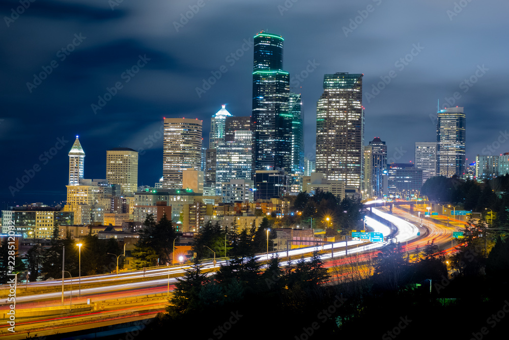 Seattle skylines and Interstate freeways , Seattle, Washington State, USA.city scape and high speed concept.