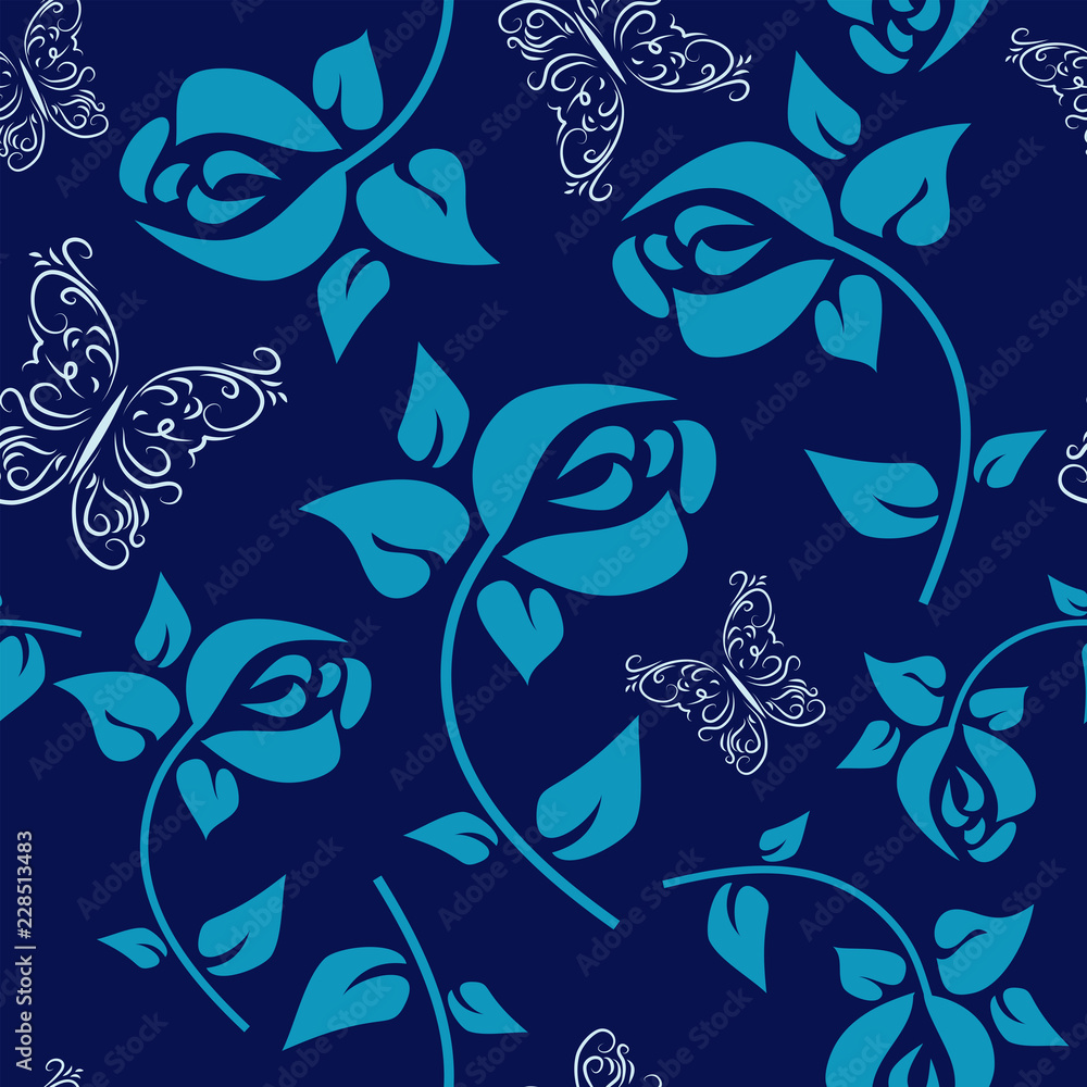 Fototapeta premium Flower seamless pattern with roses on a blue background