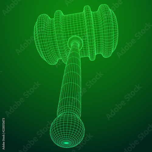 Gavel, hammer of judge or auctioneer. Wireframe low poly mesh vector illustration