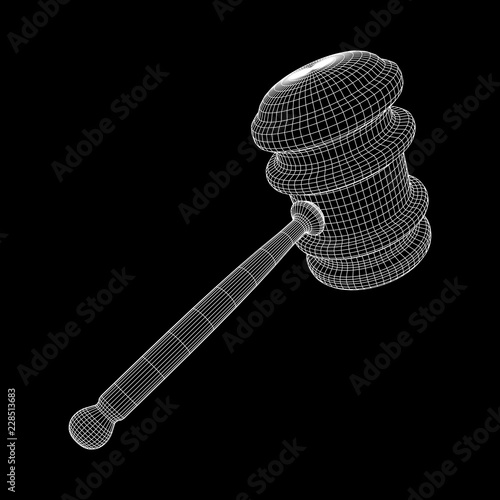 Gavel, hammer of judge or auctioneer. Wireframe low poly mesh vector illustration