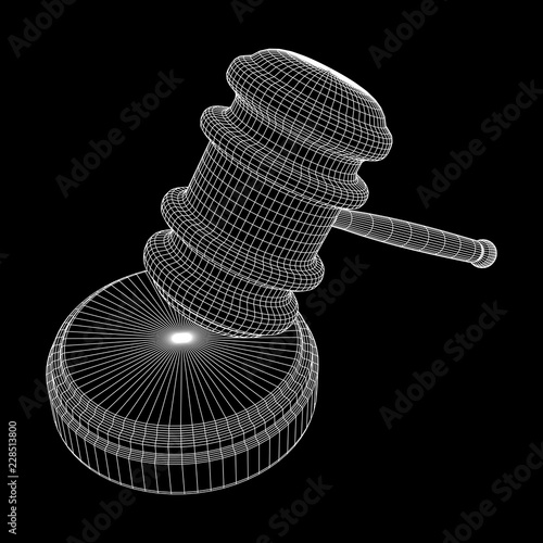 Gavel, hammer of judge or auctioneer. Wireframe low poly mesh vector illustration